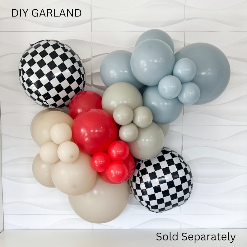 May include: DIY garland with black and white checkered balloons, red balloons, beige balloons, and light blue balloons.  The text "DIY GARLAND" is at the top of the image. The text "Sold Separately" is at the bottom of the image.