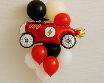 ヴィンテージレースカーバルーンセット、車の誕生日デコレーション、レースカーの1歳の誕生日、2人の誕生日パーティー、1人の誕生日パーティー、レースカーテーマパーティー