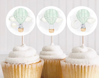 Up, Up, And Away Digital Cupcake Toppers l Sage Green Hot Air Balloon Cupcake Topper l Cupcake Topper l Baby Shower Cupcake Toppers