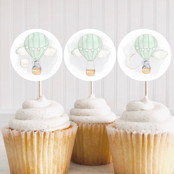 Up, Up, And Away Digital Cupcake Toppers l Sage Green Hot Air Balloon Cupcake Topper l Cupcake Topper l Baby Shower Cupcake Toppers