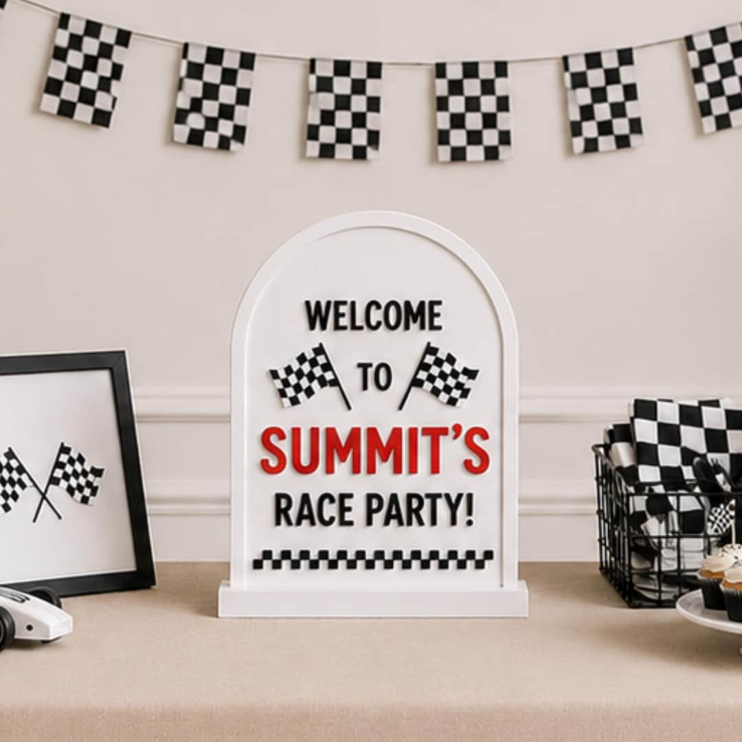 Welcome Racing Check Personalized Race Car Welcome Sign - 3D Printed Race Party Decor ...