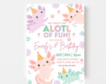 Invitación de cumpleaños de ajolote, Ajolote, Invitación divertida de Ajolote, Invitación para fiesta de cumpleaños de niña, Invitaciones de ajolote, Plantilla de Canva, Cumpleaños de ajolote