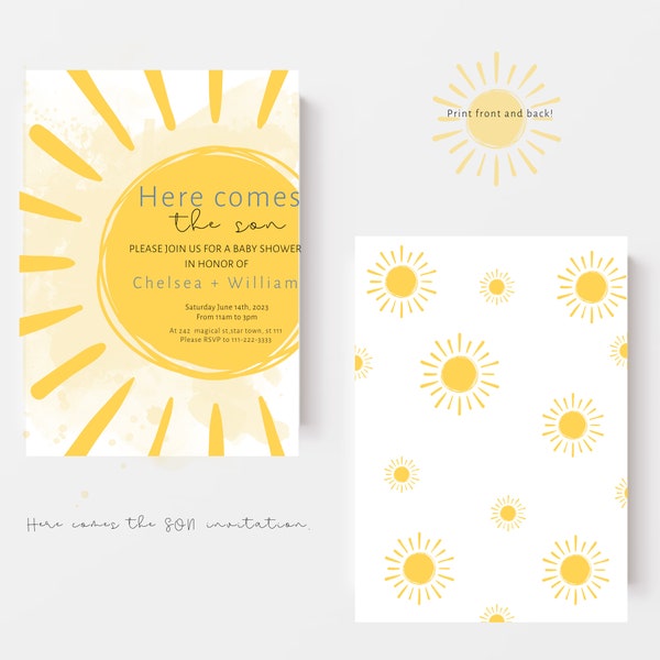 Voici le soleil TÉLÉCHARGER Inviter, Sun Baby Shower Invitation Set, Here Comes the Son Invitation, Baby Boy Shower Invite, Modèle modifiable