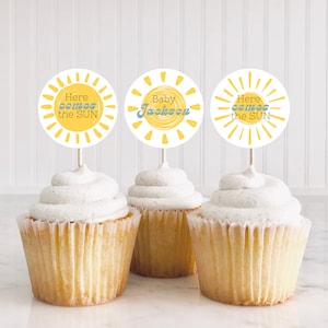 Groovy Retro Boy Blue Yellow Sunshine Baby Shower Decor Instant Download Sunshine Baby Shower Cupcake Toppers Here Come The Son Baby Shower