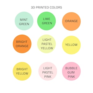 May include: A color chart titled 3D PRINTED COLORS featuring nine circles in various shades: mint green, lime green, orange, bright orange, light pastel yellow, yellow, bright yellow, light pastel pink, and bubble gum pink, each labeled with its name.