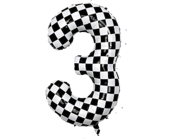 Palloncino in mylar a scacchi con numero - Palloncino a scacchi da 40 pollici - Palloncino a forma di auto da corsa - Palloncino a scacchi con numero a forma di auto da corsa - Compleanno a tema scacchi