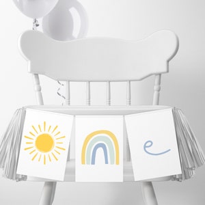 Boho Sunshine Birthday Banner DOWNLOAD, Sunshine High Chair Banner Here Come The Sun Boy Blue 1st Birthday Party Highchair I am One Banner