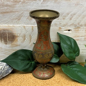 Vintage Brass Red Enameled Etched Bud Vase, Vintage Indian Tabletop Home Decor image 1