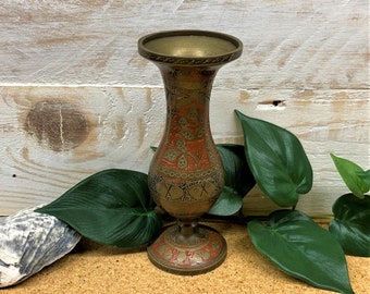 Vintage Brass Red Enameled Etched Bud Vase, Vintage Indian Tabletop Home Decor