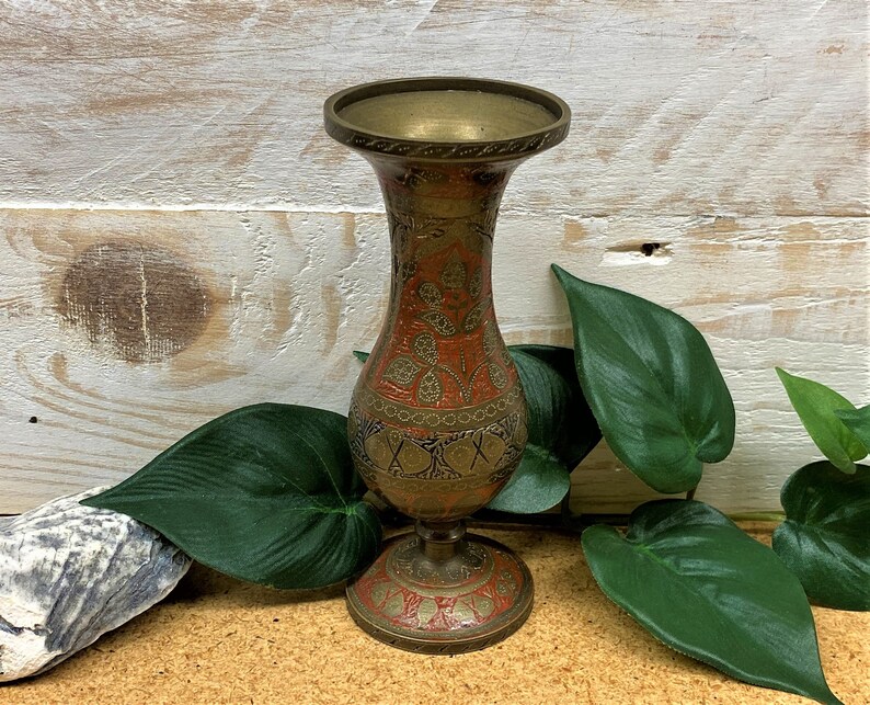 Vintage Brass Red Enameled Etched Bud Vase, Vintage Indian Tabletop Home Decor image 1