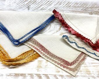 Paquete de pañuelos con borde con cordones vintage, 5 piezas para proyecto de arte de suministro de telas, lote #1