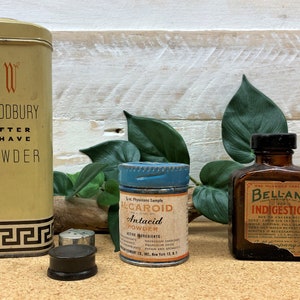 Vintage Apothecary Indigestion Bottle and Shaving Powder and Antacid Tins, Vintage Medicine Cabinet Contents