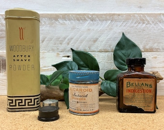 Vintage Apothecary Indigestion Bottle and Shaving Powder and Antacid Tins, Vintage Medicine Cabinet Contents