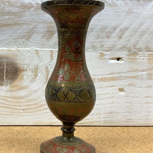 Vintage Brass Red Enameled Etched Bud Vase, Vintage Indian Tabletop Home Decor image 3