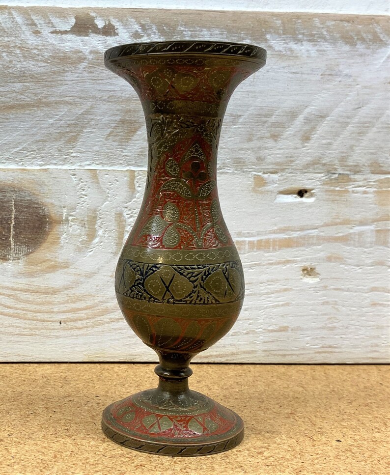 Vintage Brass Red Enameled Etched Bud Vase, Vintage Indian Tabletop Home Decor image 3