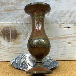 Vintage Brass Red Enameled Etched Bud Vase, Vintage Indian Tabletop Home Decor image 2