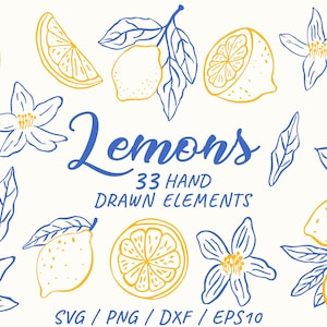 Könnte beinhalten: Handgezeichnete Illustration von Zitronen, Zitronenscheiben, Blüten und Blättern in Gelb und Blau. Das Wort "Lemons" ist in blauer Schrift geschrieben, darunter "33 HAND DRAWN ELEMENTS". Das Bild enthält SVG-, PNG-, DXF- und EPS10-Dateiformate.