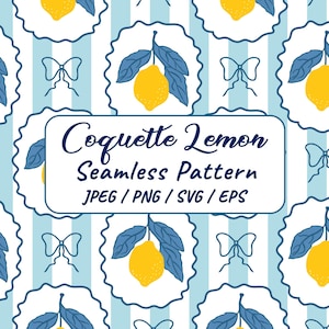 May include: A seamless pattern featuring yellow lemons with blue leaves and a white scalloped border, set against a light blue and white striped background. The design includes small bow accents and the text "Coquette Lemon Seamless Pattern".