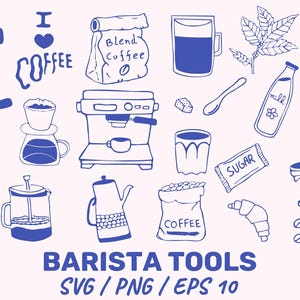 May include: A collection of blue and white line art illustrations of coffee-related items. Includes a coffee maker, coffee beans, a coffee grinder, a milk bottle, a croissant, and the text "BARISTA TOOLS".