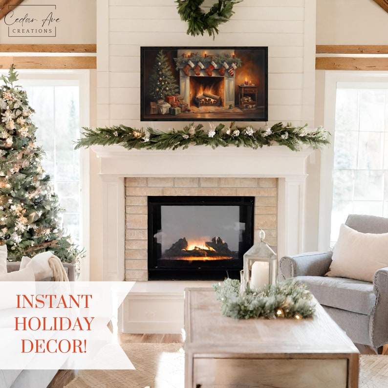 Christmas Fireplace TV Art Set Yule Log Fireplace Mantel Etsy