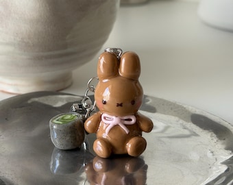 Bunny Miffy & Matcha - Handmade Polymer Clay Charm Keychain Made To Order