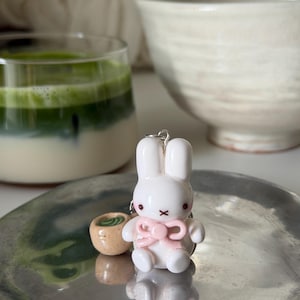 White Bunny Miffy & Matcha - Handmade Polymer Clay Charm Keychain Made To Order