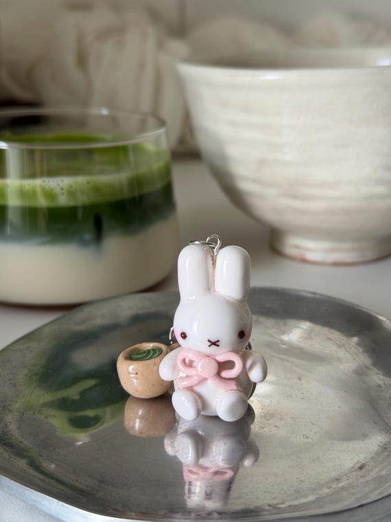 White Bunny Miffy & Matcha - Handmade Polymer Clay Charm Keychain Made To Order