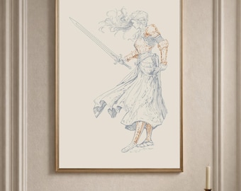 May include: A framed print featuring a detailed illustration of a figure in armor holding a sword. The artwork uses blue and orange tones against a cream background. The frame is gold-colored, adding a touch of elegance to the piece.