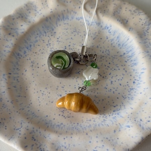 Croissant & Matcha Latte Charm - Handmade Polymer Clay Cafe Bakery Phone And Bag Charm