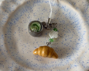 Croissant & Matcha Latte Charm - Handmade Polymer Clay Cafe Bakery Phone And Bag Charm