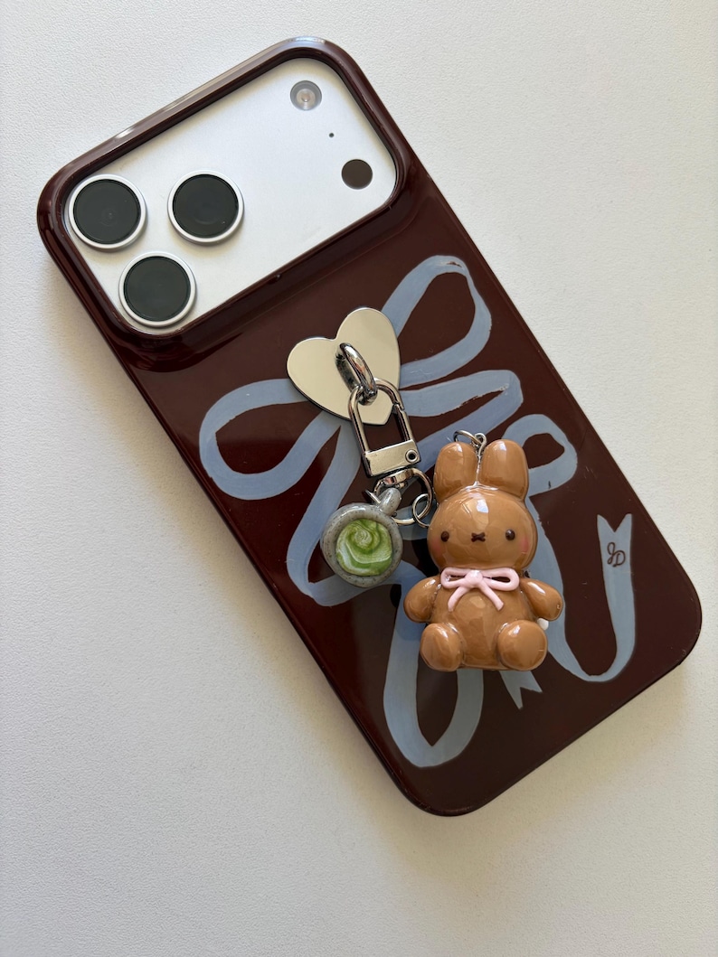 May include: A brown phone case with a light blue ribbon design and a small brown bunny charm with a pink bow. A silver heart-shaped charm and a green and white charm are also attached.