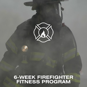 May include: A firefighter wearing a helmet and breathing apparatus in a smoky atmosphere. A white emblem with a flame is visible, along with the text "6-WEEK FIREFIGHTER FITNESS PROGRAM" at the bottom of the image.