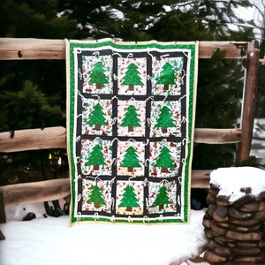 Evergreen Tree and Christmas Print Flannel and Cotton Hand-Tied Crib Blanket
