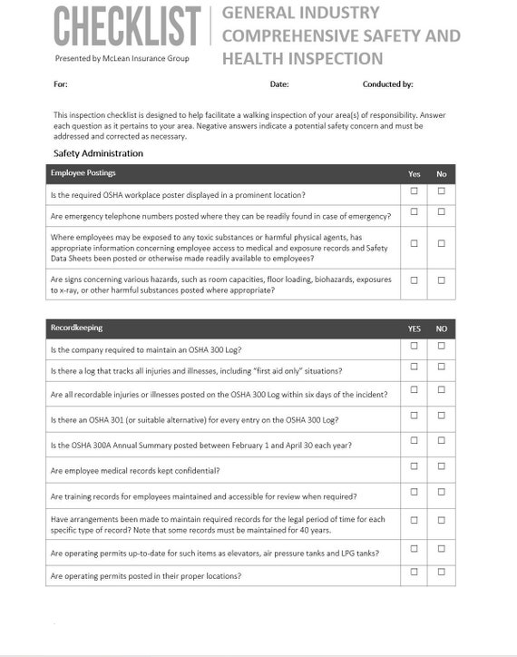 Health Safety Checklist - Safety Template Form - Employee Health Form - Health Template Form - Inspection Checklist - Prevent Work Injury