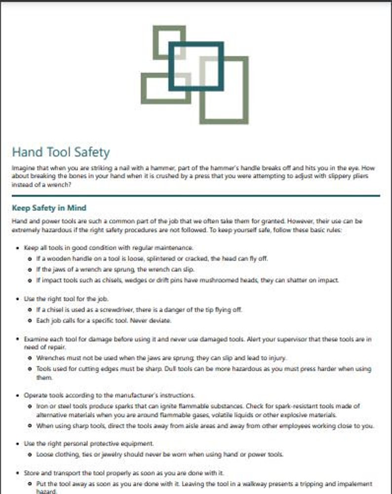 Tool Safety Form Safety Template Form Hand Tool Safety Etsy