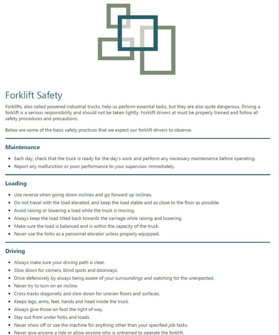 Forklift Safety Form - Safety Manual Forms - Forklift Safety Policy - Accident Preventions - Forklift Inspection - Safe Lifting Forms