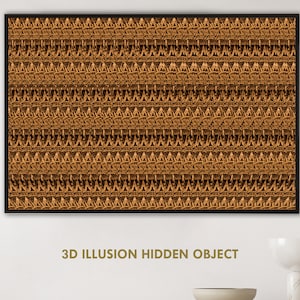 May include: A 3D illusion image with a hidden object. The image is made up of a repeating pattern of brown triangles. The hidden object is a 3D image of a building.