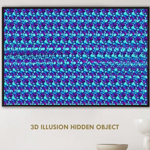 May include: A framed 3D illusion art print featuring a repeating pattern of blue, purple, and teal shapes. The artwork is in a black frame and hangs on a white wall. The text "3D ILLUSION HIDDEN OBJECT" is printed below the artwork.