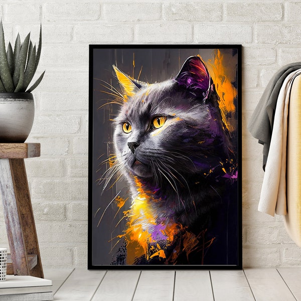 Abstract Cat 4 - Digital Art Print, Wall Art, Digital Download, Home Decor, Printable, Chartreux Cat