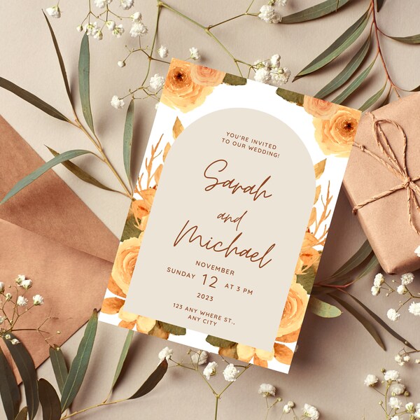 Orange rose floral wedding invitation save the date template customizable minimalist personalized arch words green portrait one side shower