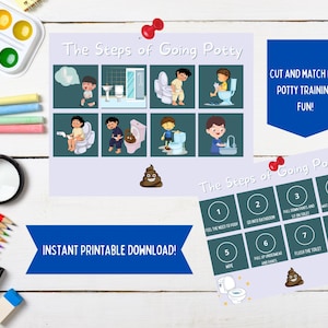 May include: Printable potty training game with colorful illustrations of children using the toilet. The steps of going potty are listed on the cards, including "Feel the need to poop", "Go into bathroom", "Pull down pants and sit on toilet", "Wipe", "Pull up underwear and pants", "Flush the toilet", "Wash your hands".