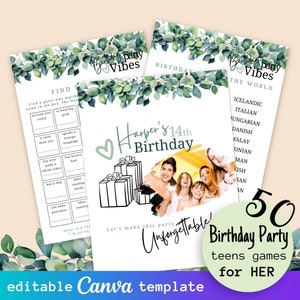 50pc Teen Birthday Girls Party Games Bundle, Printable Games for Her, Kids Mega Game Set for Birthday Party, Editable Canva Game Templates