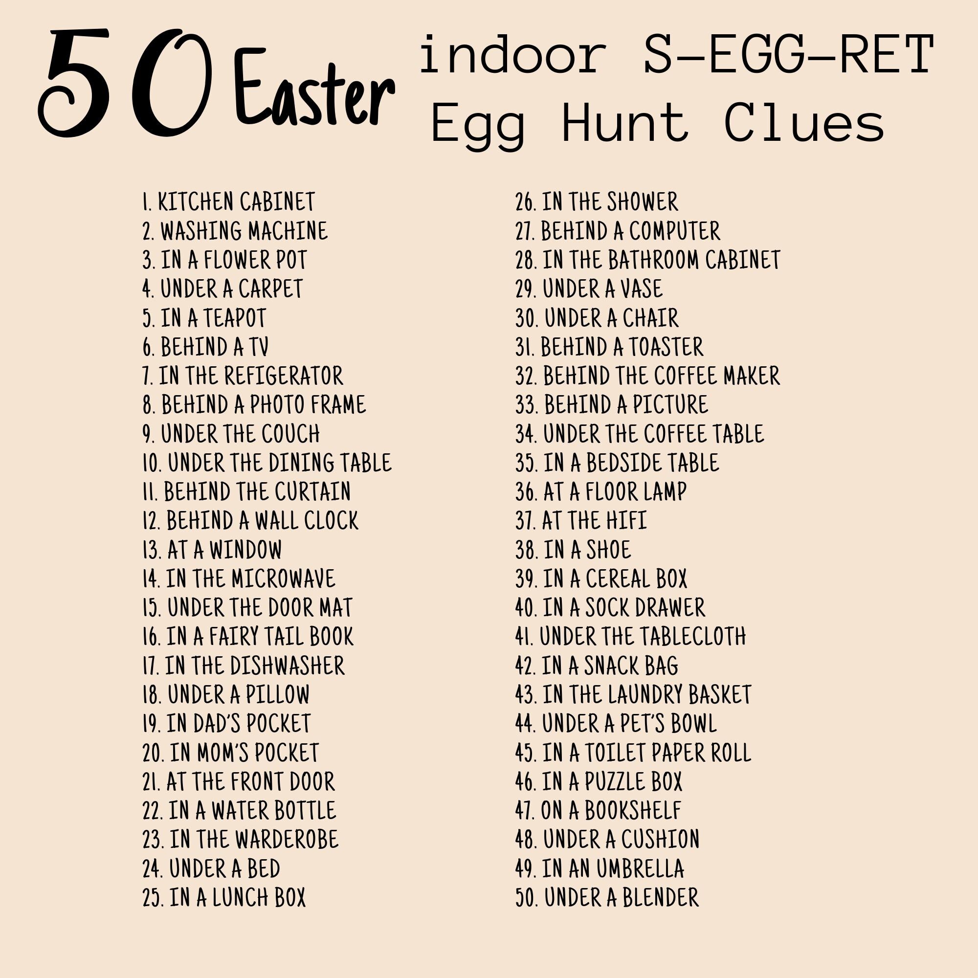 S-EGG-RET Printable Kids Indoor 50 Clue Easter Egg Scavenger Hunt ...