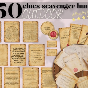 50 Clue Adult Outdoor &quot;The Great Expedition&quot; Scavenger Hunt, Instant Download Tricky Backyard Treasure Hunt for Friend and Family, Clue game