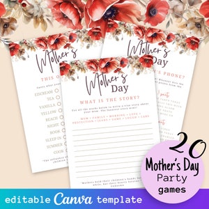 20pc Ultimate Floral Mother&#39;s Day Games Bundle, Mothers Day Boho Printable Games with Red Poppies, Games for Mom, Mothers Day Party Game
