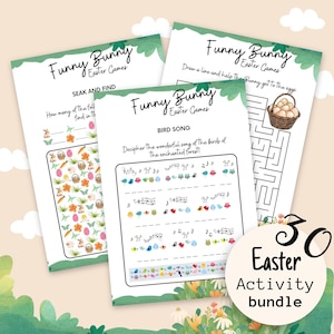 Może przedstawiać: Zestaw 3 drukowanych arkuszy z grami i zabawami na Wielkanoc dla dzieci z motywem króliczka, jajek i piosenki ptaków. Arkusze są częścią zestawu 50 gier i zabaw na Wielkanoc.