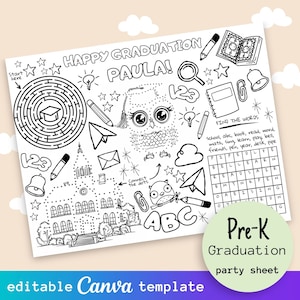 EDITABLE Kids Pre-K School Graduation Party Activity Sheet, Personalized Coloring Page, Printable Children School themed Party Games
