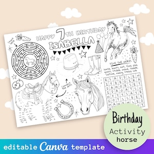 Foglio di attività a tema cavallo per feste per bambini MODIFICABILE, pagina da colorare di compleanno personalizzata, giochi di compleanno a tema per bambini stampabili