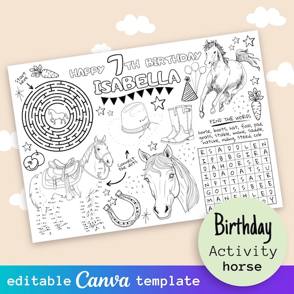 EDITABLE Kids Party Horse Themed Activity Sheet, Personalized Birthday Coloring Page, Printable Children Riding themed Birthday Games