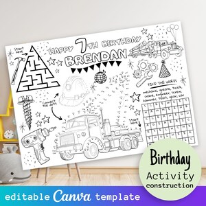 Puede incluir: Hoja de actividad de cumpleaños imprimible en blanco y negro para un niño de 7 años. La hoja presenta un tema de construcción con un camión, herramientas y un laberinto. La hoja también incluye una búsqueda de palabras y una actividad de unir los puntos. El texto "Happy 7th Birthday Brendan" está en la parte superior de la hoja.